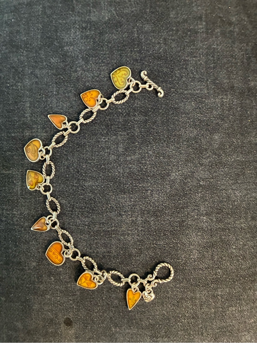 Brighton Silver Toggle Bracelet with 9 Amber and Honey Heart Charms